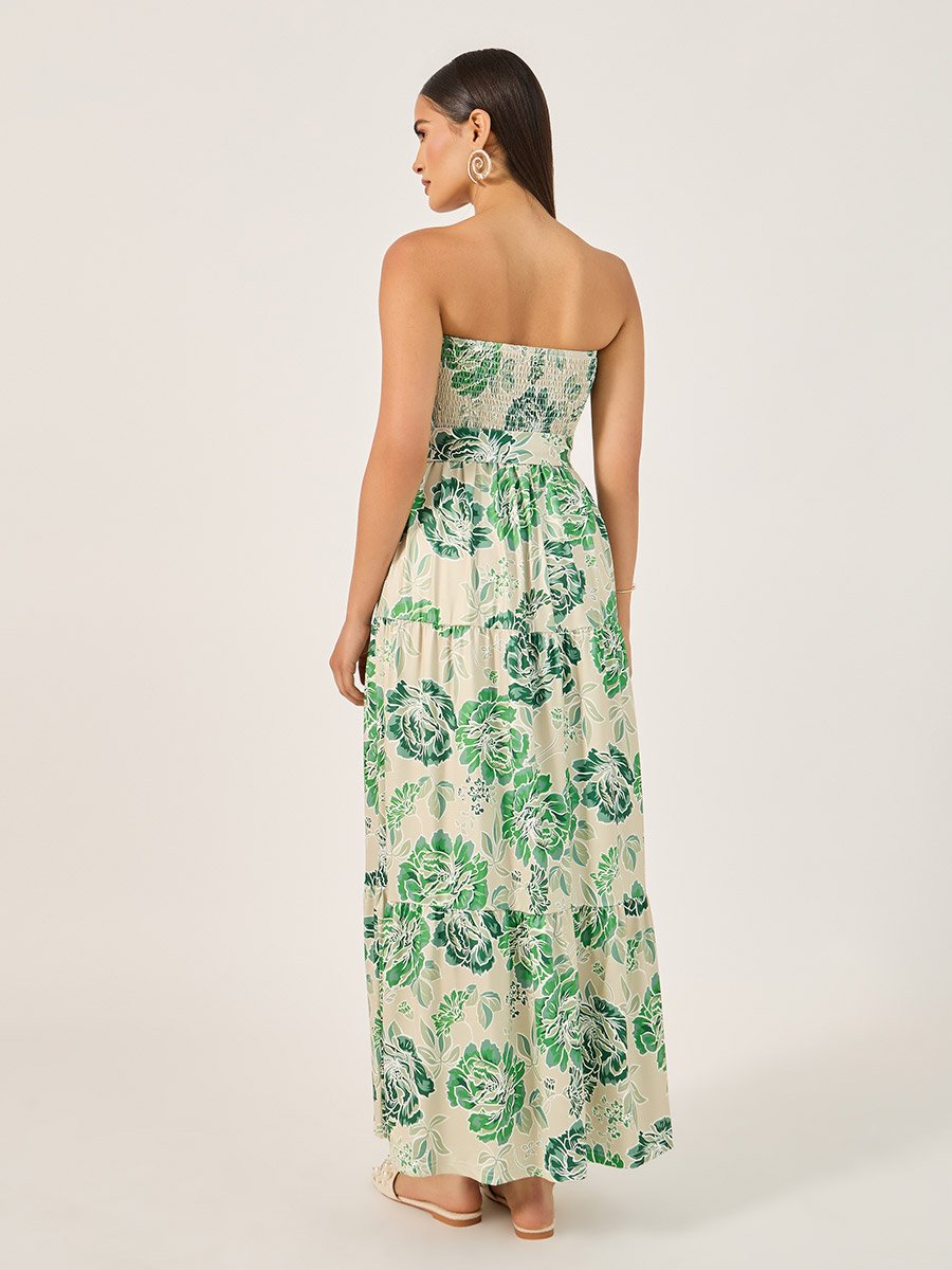 Floral Print Bandeau Neck A-Line Maxi Dress