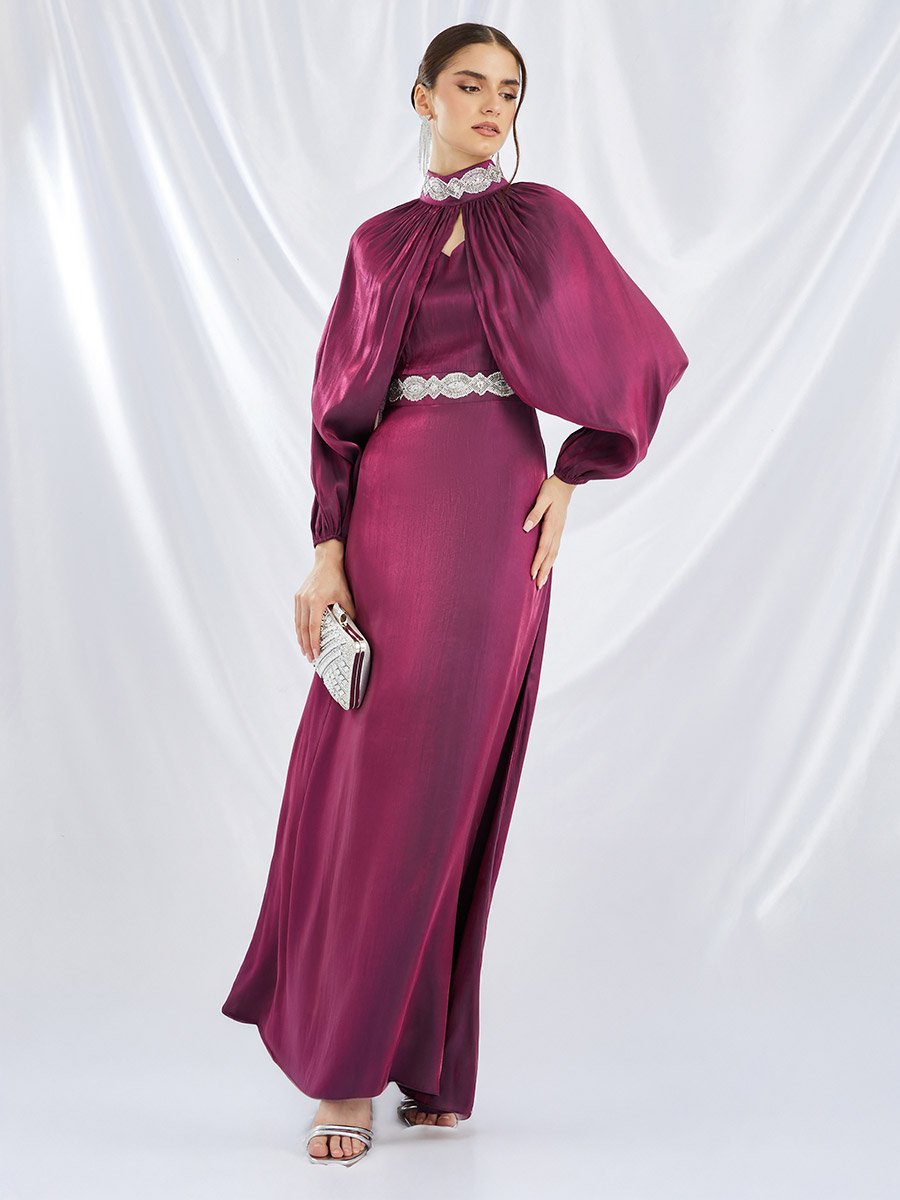 Embellished Satin A-Line Maxi Dress with Detachable Cape Sleeves