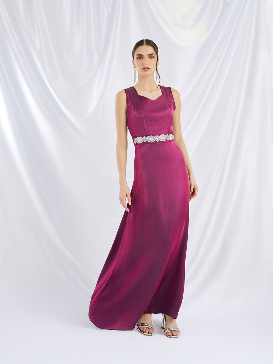 Embellished Satin A-Line Maxi Dress with Detachable Cape Sleeves