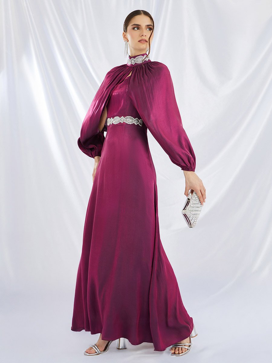 Embellished Satin A-Line Maxi Dress with Detachable Cape Sleeves