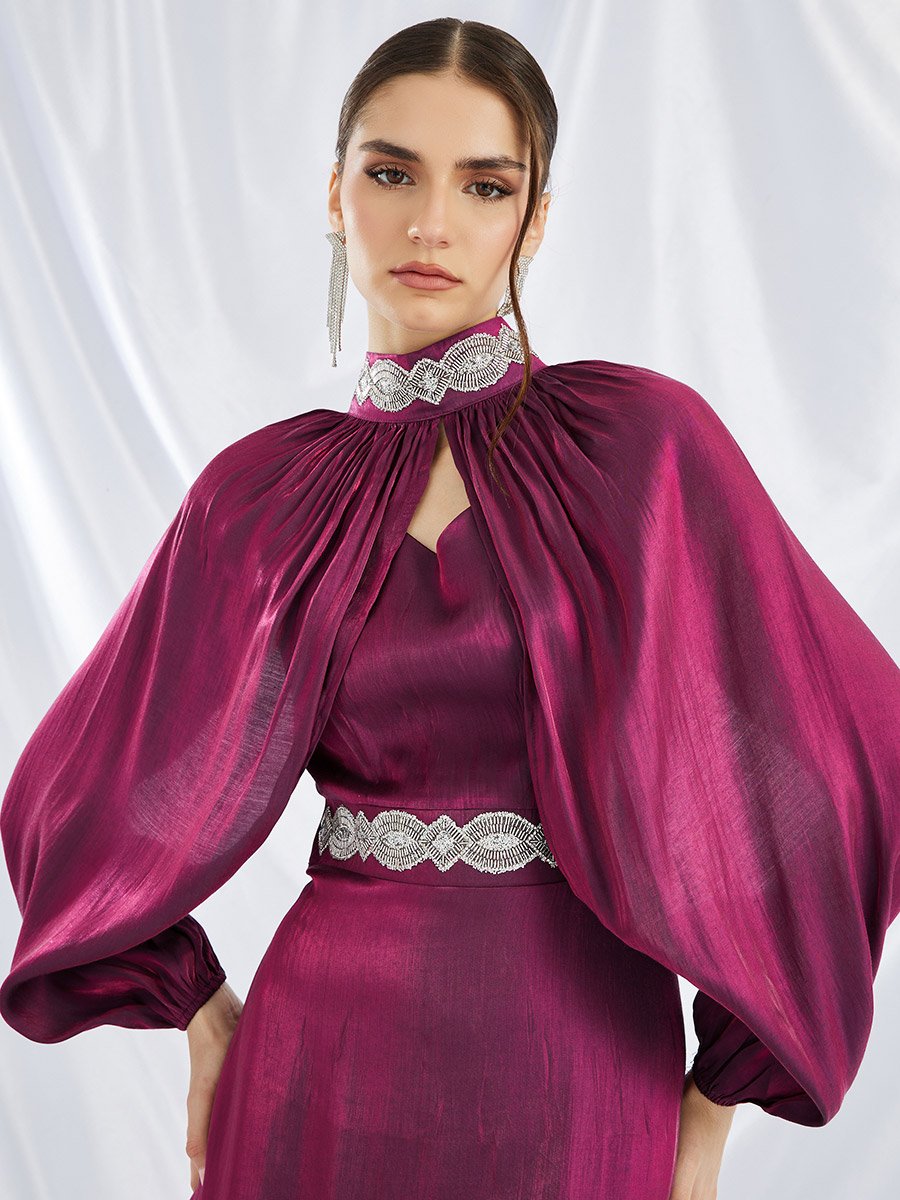 Embellished Satin A-Line Maxi Dress with Detachable Cape Sleeves