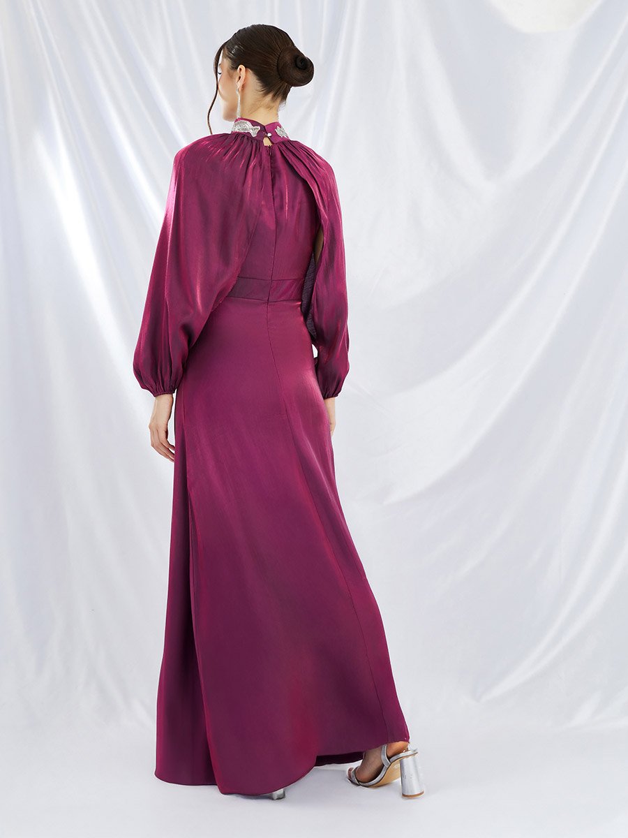 Embellished Satin A-Line Maxi Dress with Detachable Cape Sleeves