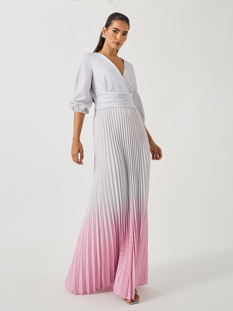 Ombre Print Pleated Balloon Sleeves A-Line Maxi Dress