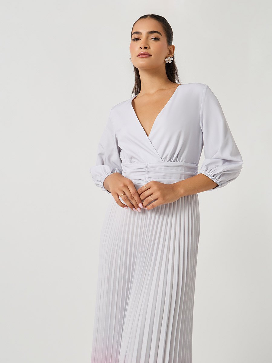 Ombre Print Pleated Balloon Sleeves A-Line Maxi Dress
