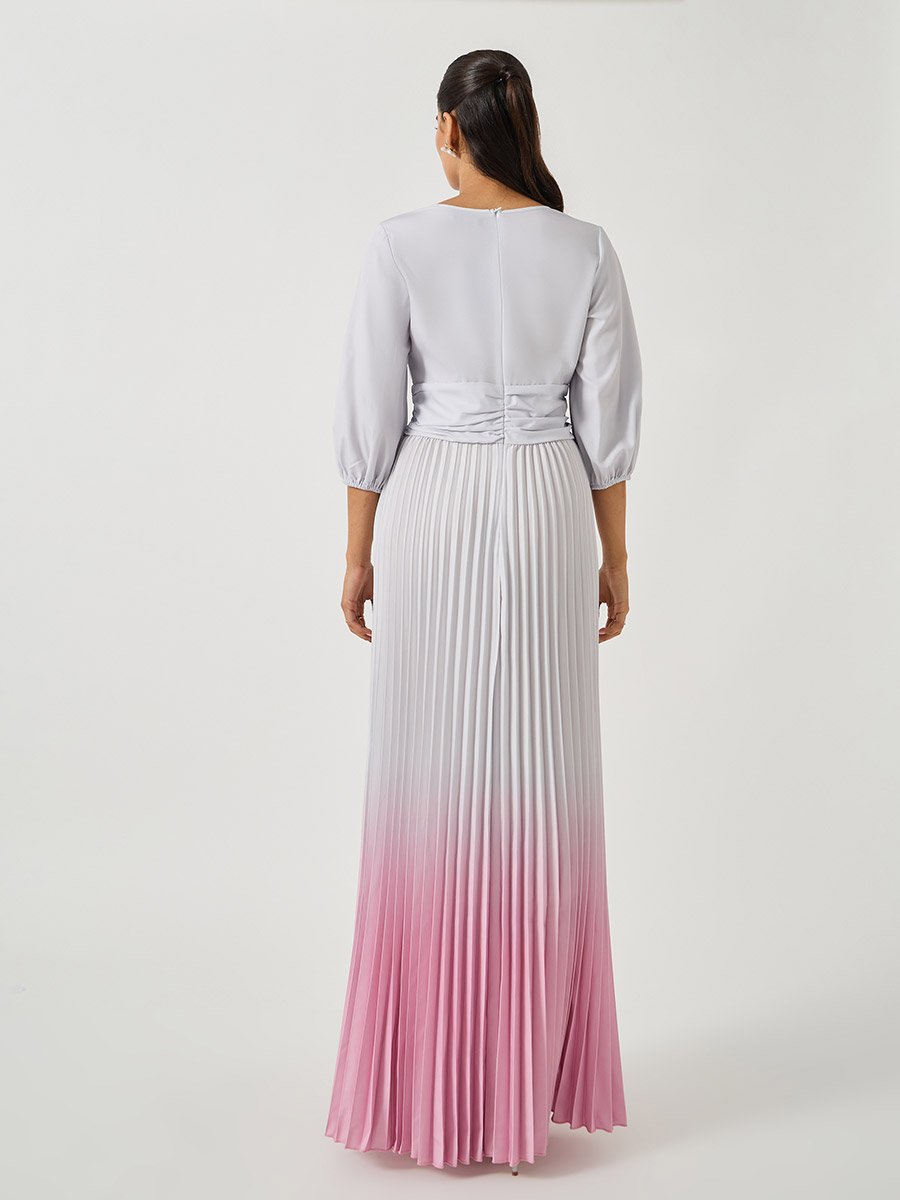 Ombre Print Pleated Balloon Sleeves A-Line Maxi Dress