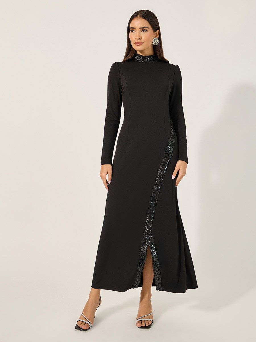 Embellished Hight Neck A-Line Maxi Dress with Front Slit
