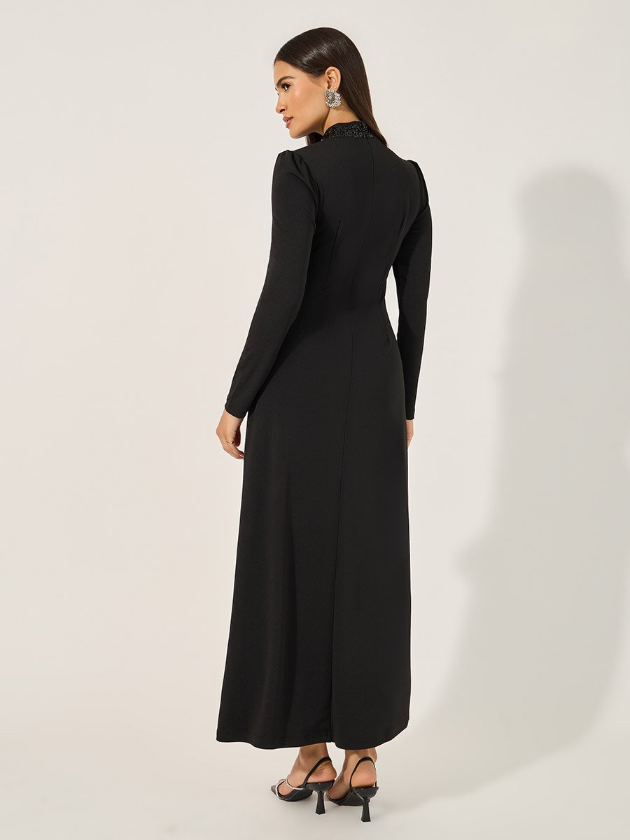 Embellished Hight Neck A-Line Maxi Dress with Front Slit
