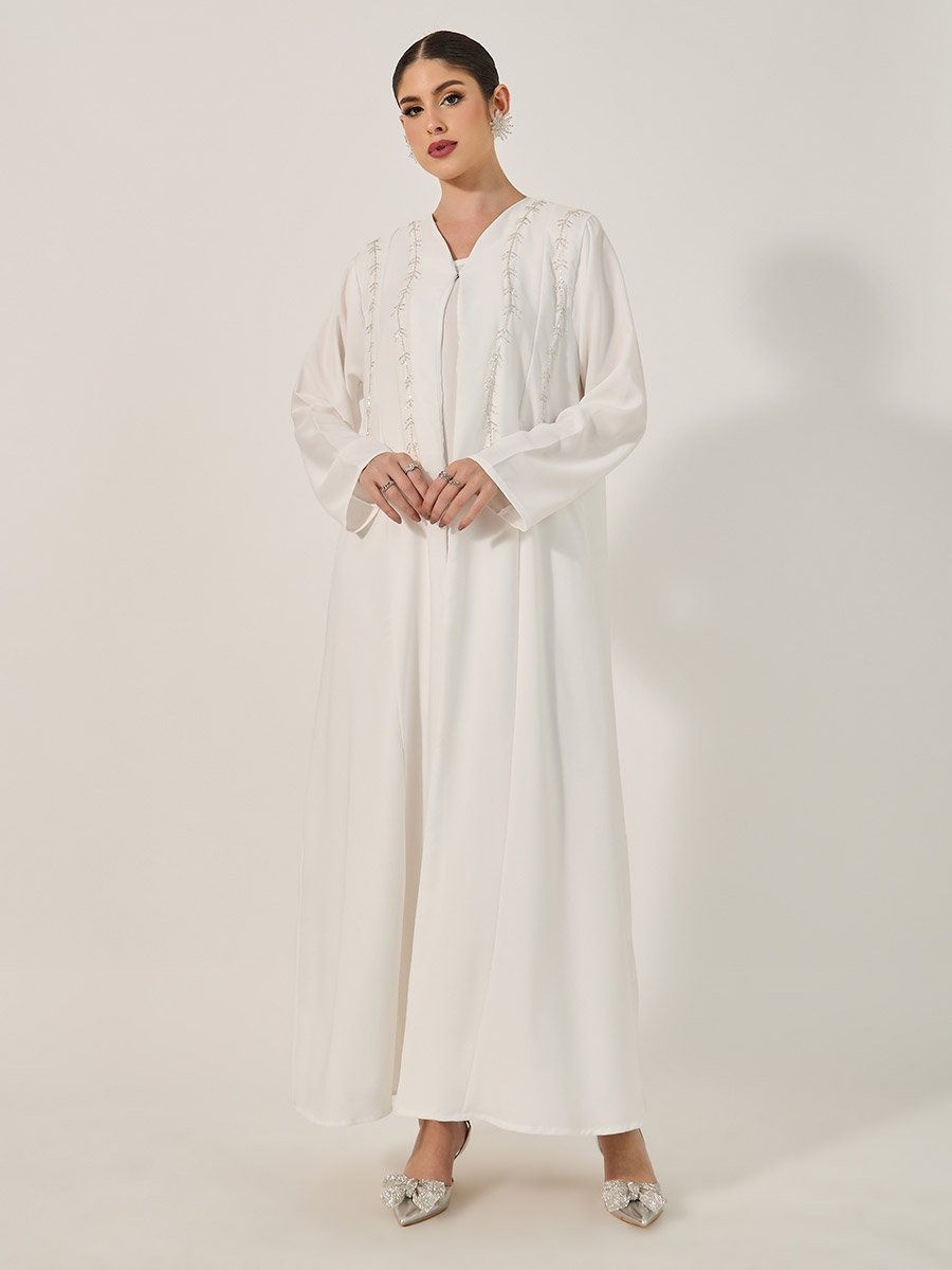 Embellished Flared Abaya with Inner Dress and Hijab