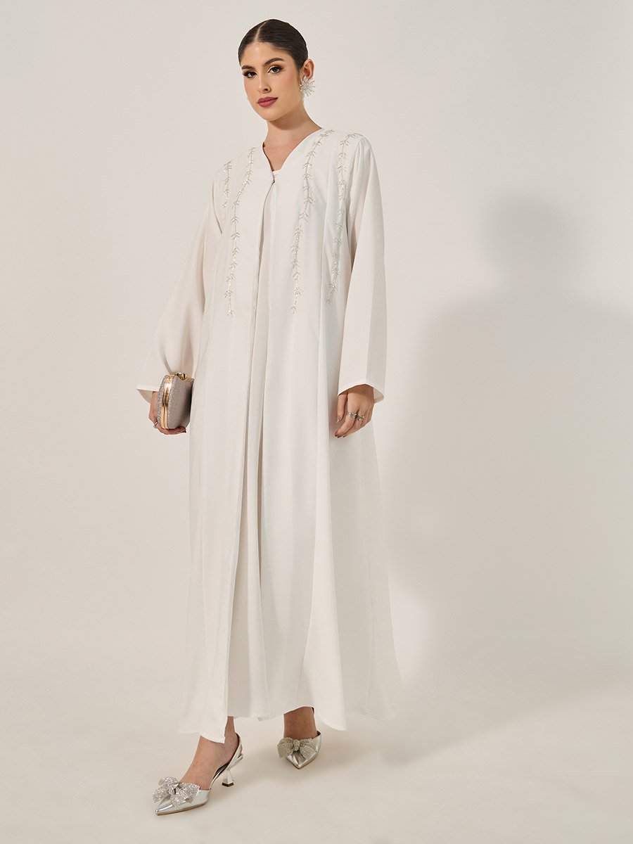 Embellished Flared Abaya with Inner Dress and Hijab