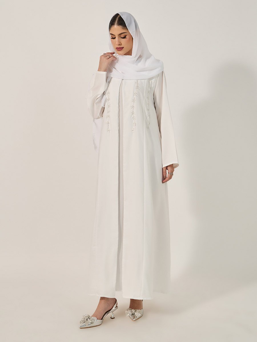 Embellished Flared Abaya with Inner Dress and Hijab