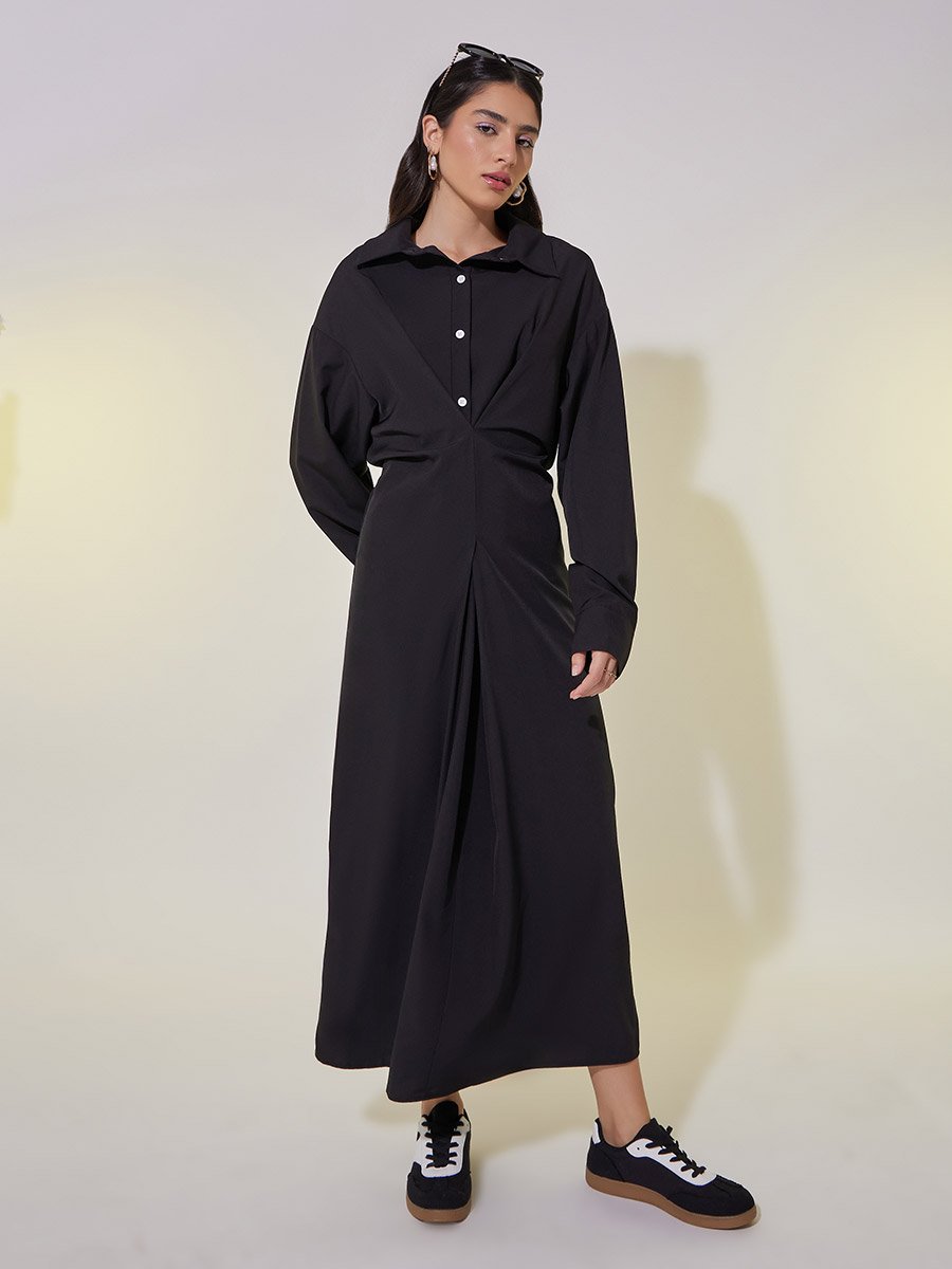 Solid V-Neck Buttoned Shirt Maxi Dress