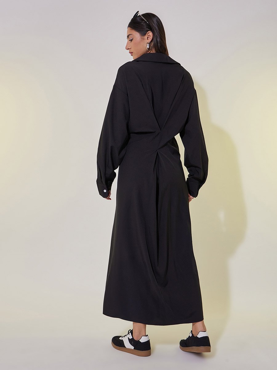 Solid V-Neck Buttoned Shirt Maxi Dress