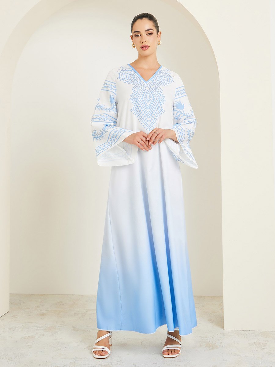Ombre Print A-Line Jalabiya with Flared Sleeves