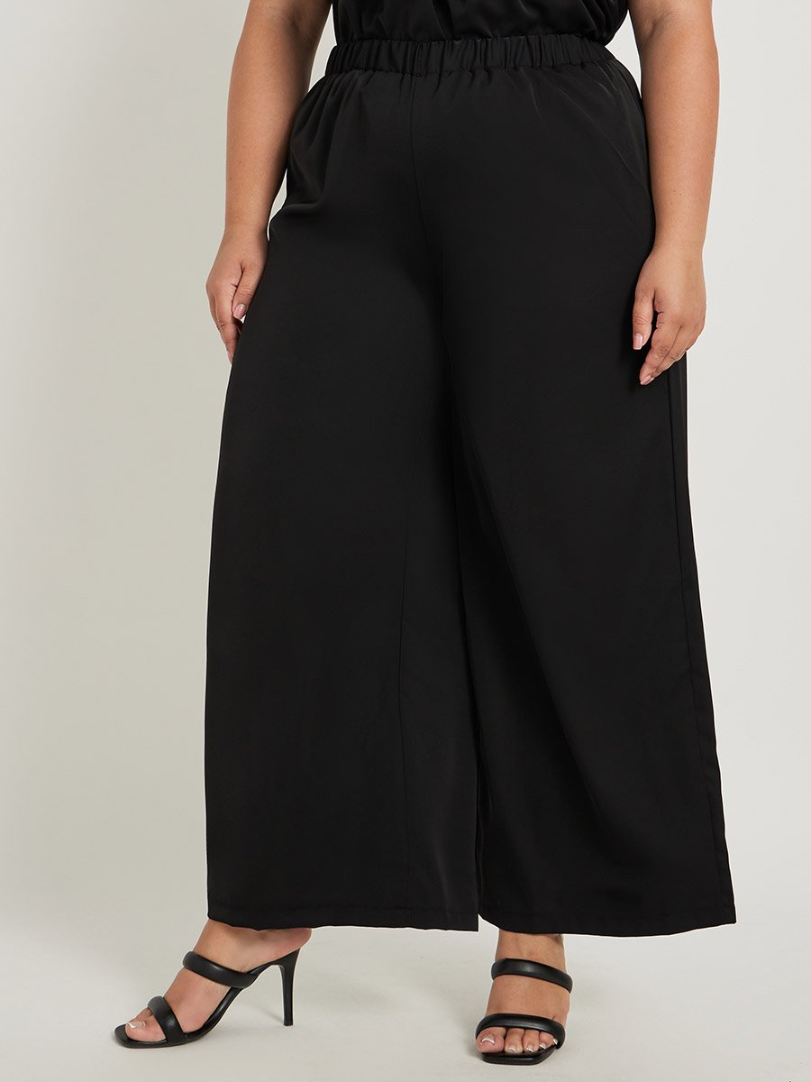 Plus Size Solid Elasticated Waistband Wide Leg Pants