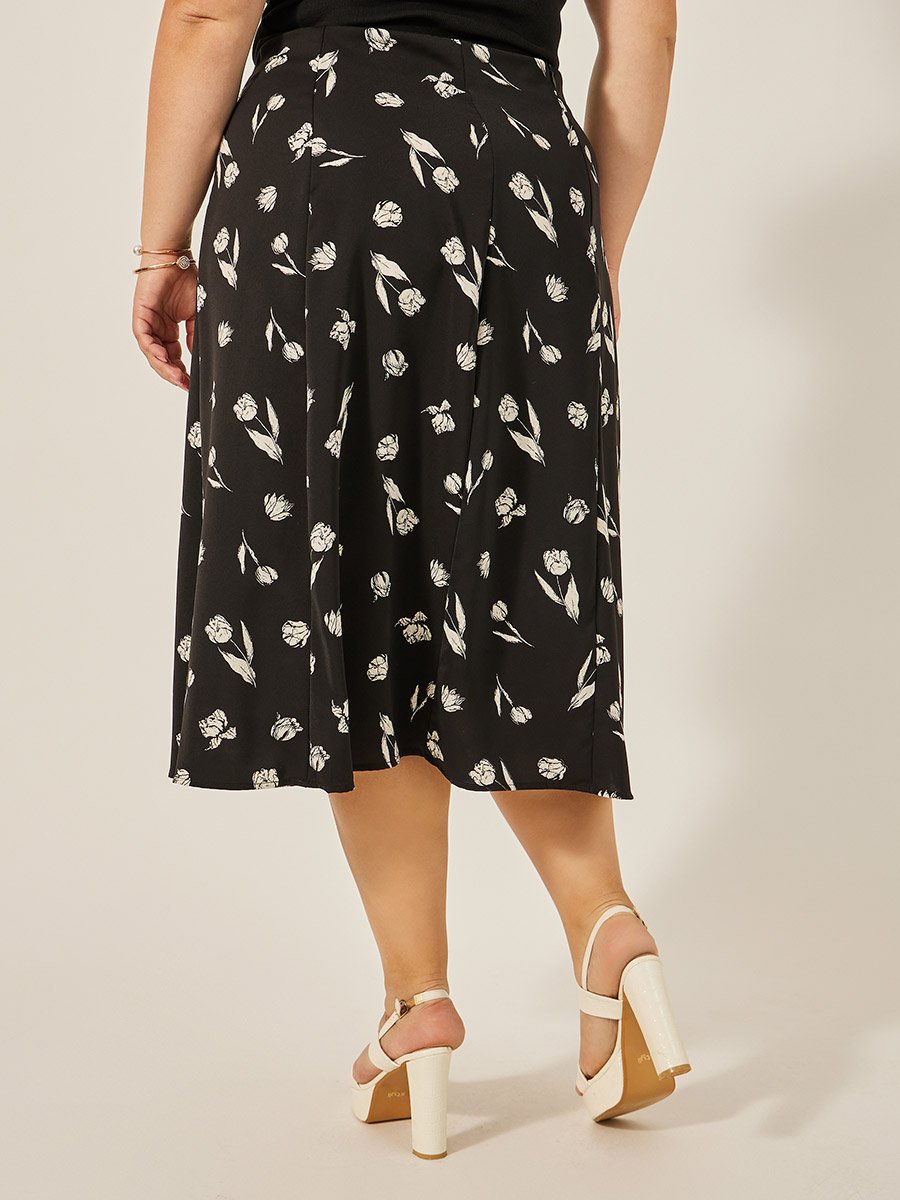 Plus Size Floral Print A-Line Midi Skirt