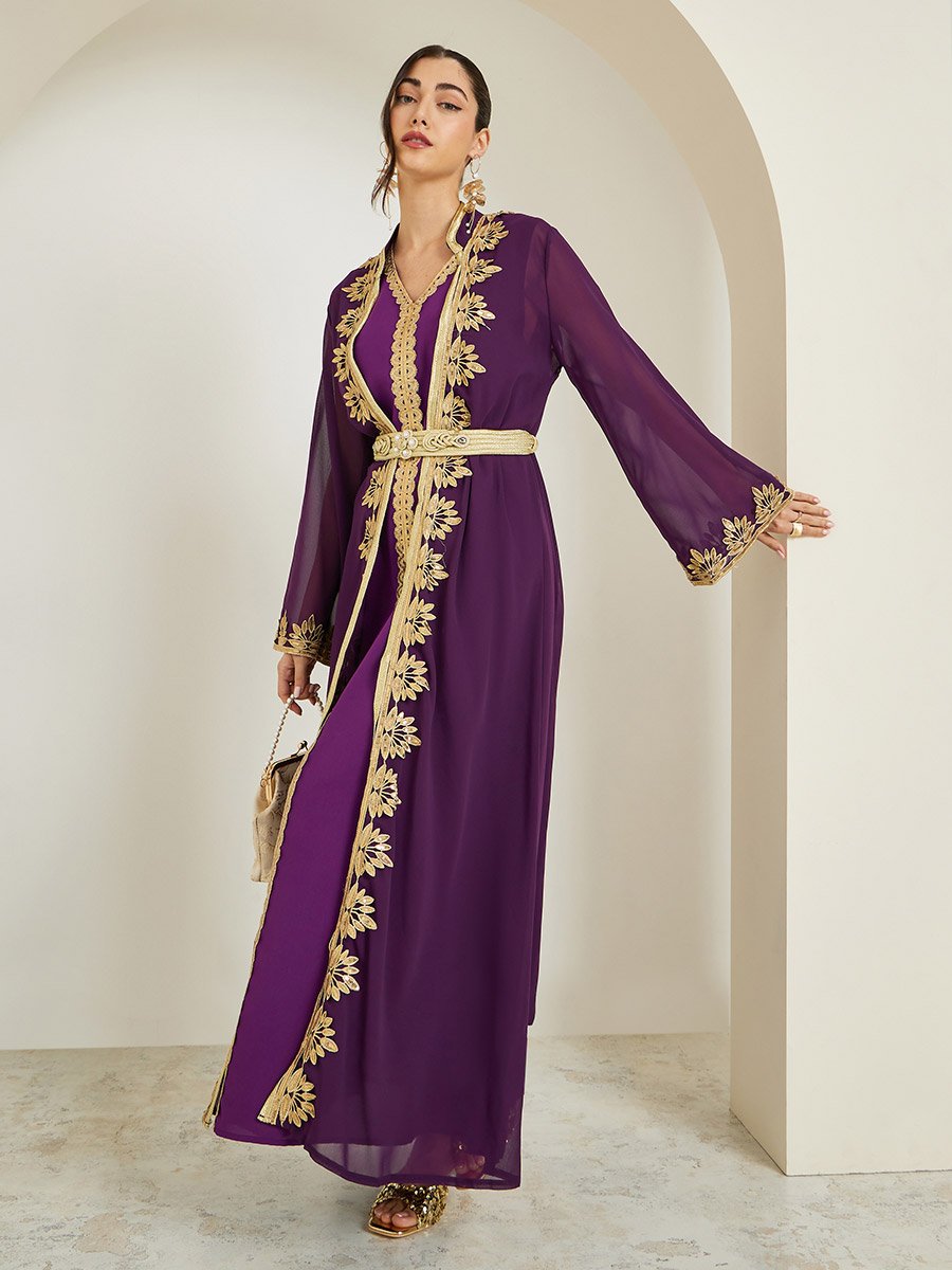 Lace Trim Collared Abaya and Inner Dress Set