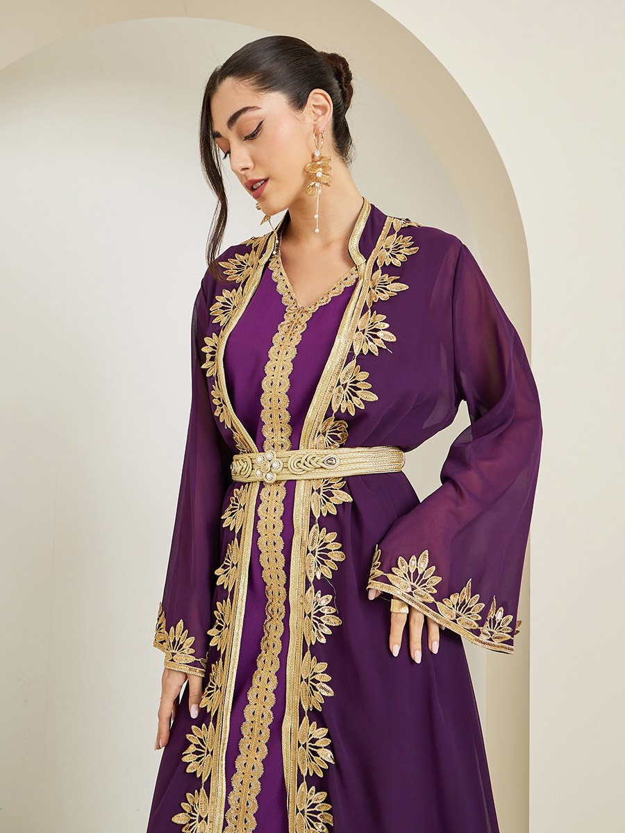 Lace Trim Collared Abaya and Inner Dress Set