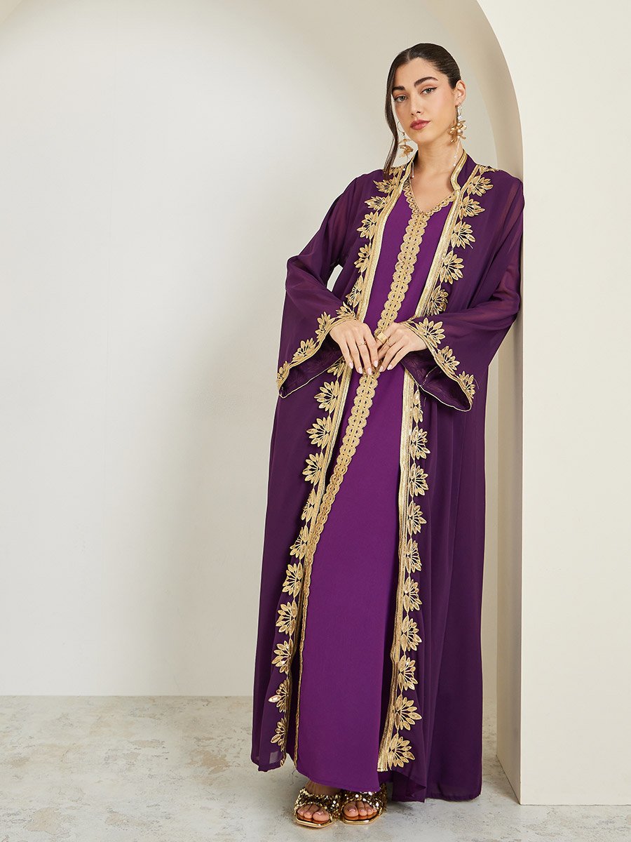 Lace Trim Collared Abaya and Inner Dress Set