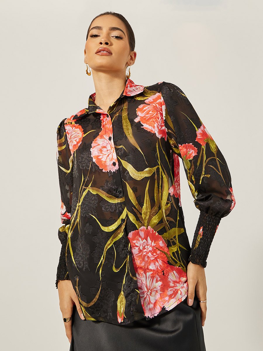 Floral Print Cuffed Sleeve Collared Shirt