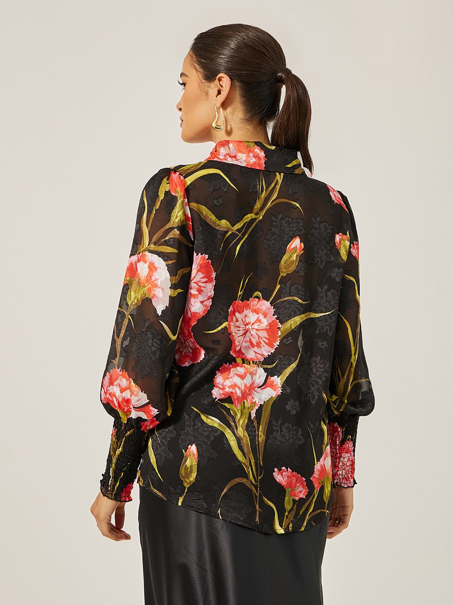 Floral Print Cuffed Sleeve Collared Shirt