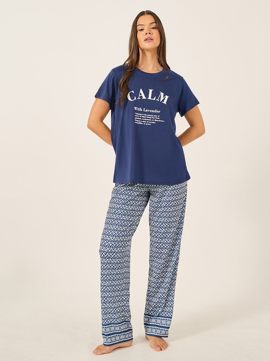 Calm Slogan Print T-Shirt and Aztec Print Pyjama Set
