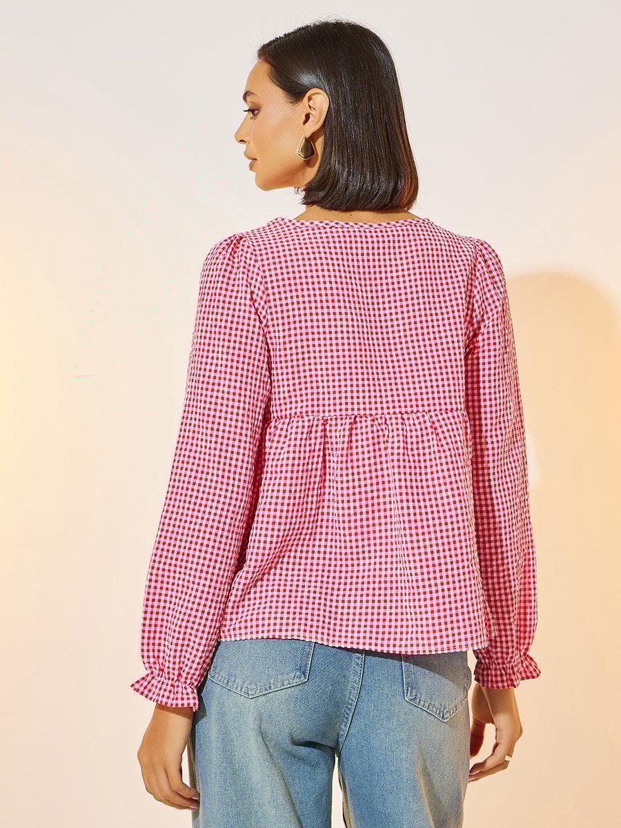 Gingham Check Wrap Pleated Waist Top For Women at UAE | Styli