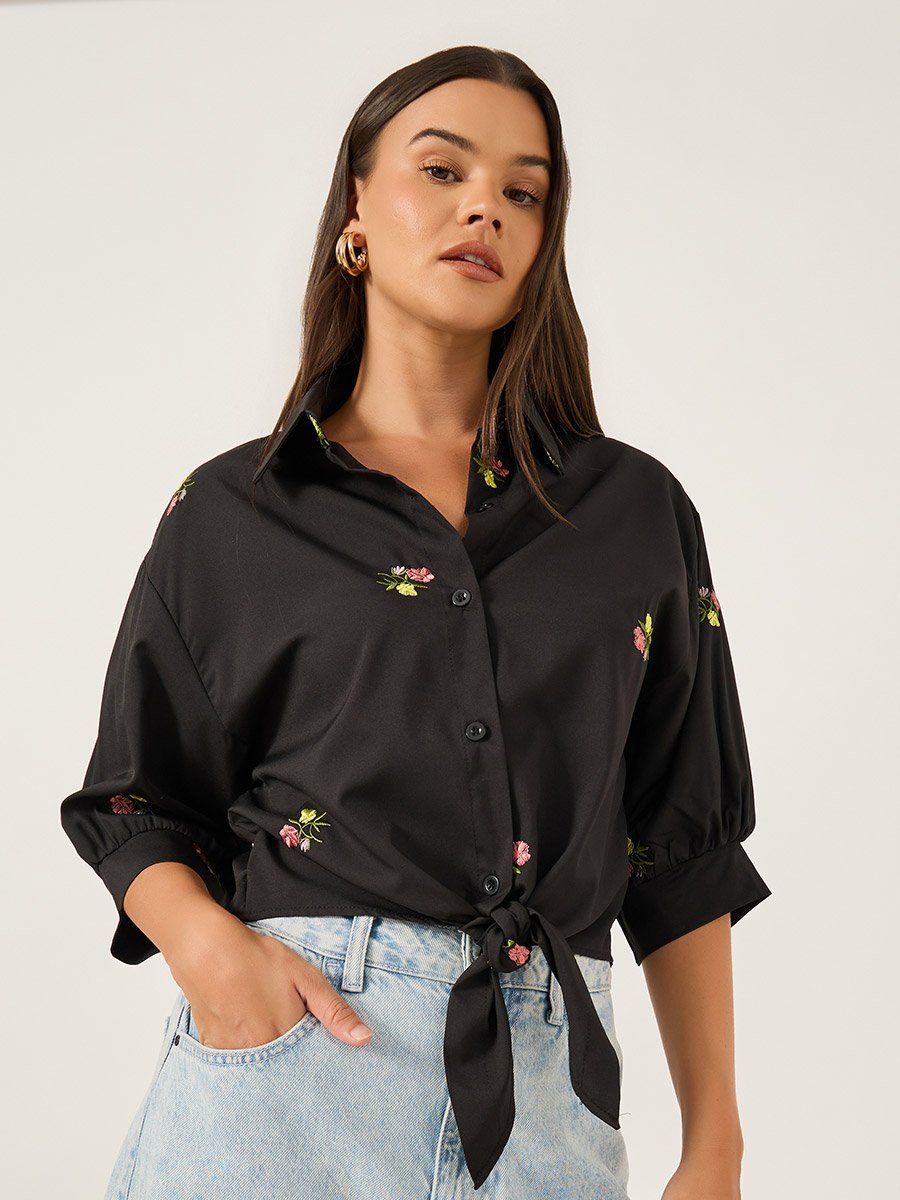 Floral Embroidered 3/4 Sleeve Tie Front Regular Fit Shirt