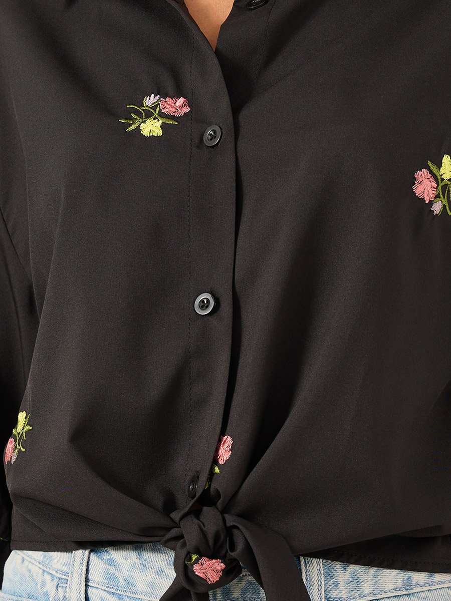 Floral Embroidered 3/4 Sleeve Tie Front Regular Fit Shirt