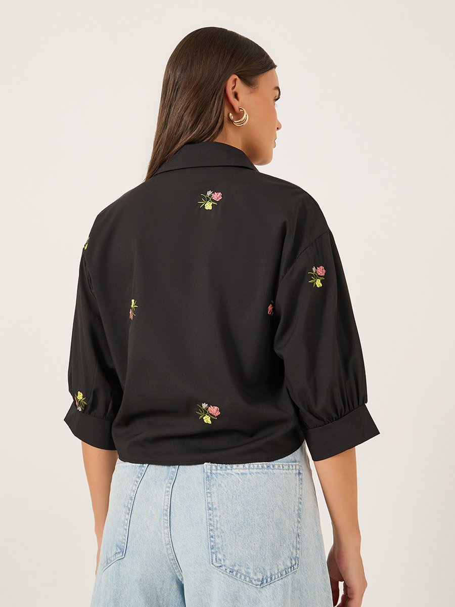 Floral Embroidered 3/4 Sleeve Tie Front Regular Fit Shirt