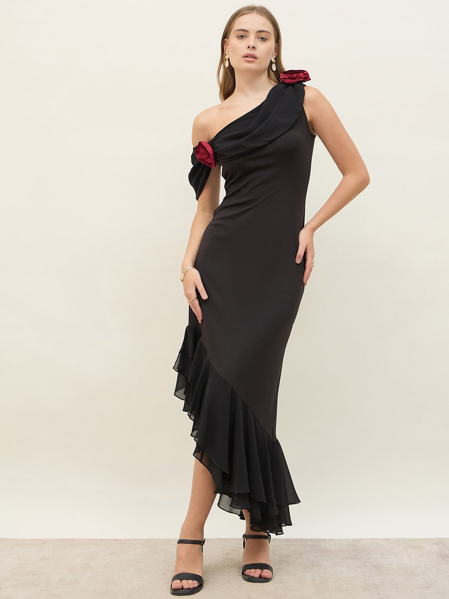 Plain Asymmetric Hem Off Shoulder Bodycon Maxi Dress with Rose Trim
