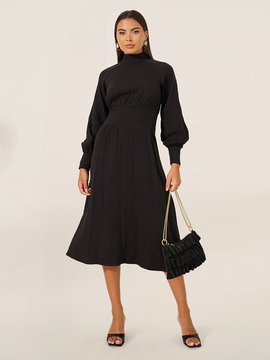 Plain Smocked Waist A-Line Midi Dress