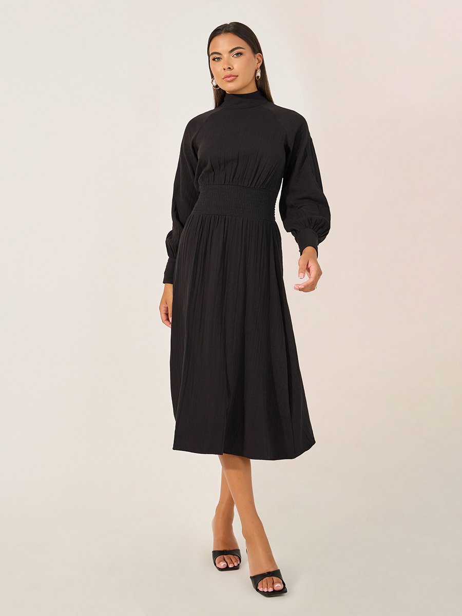 Plain Smocked Waist A-Line Midi Dress