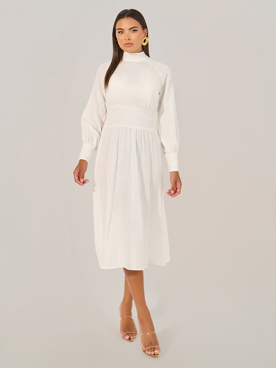 Plain Smocked Waist A-Line Midi Dress