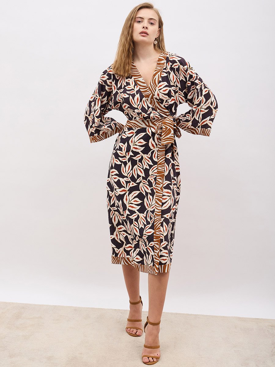 All-Over Print V Neck Wrap Midi Dress