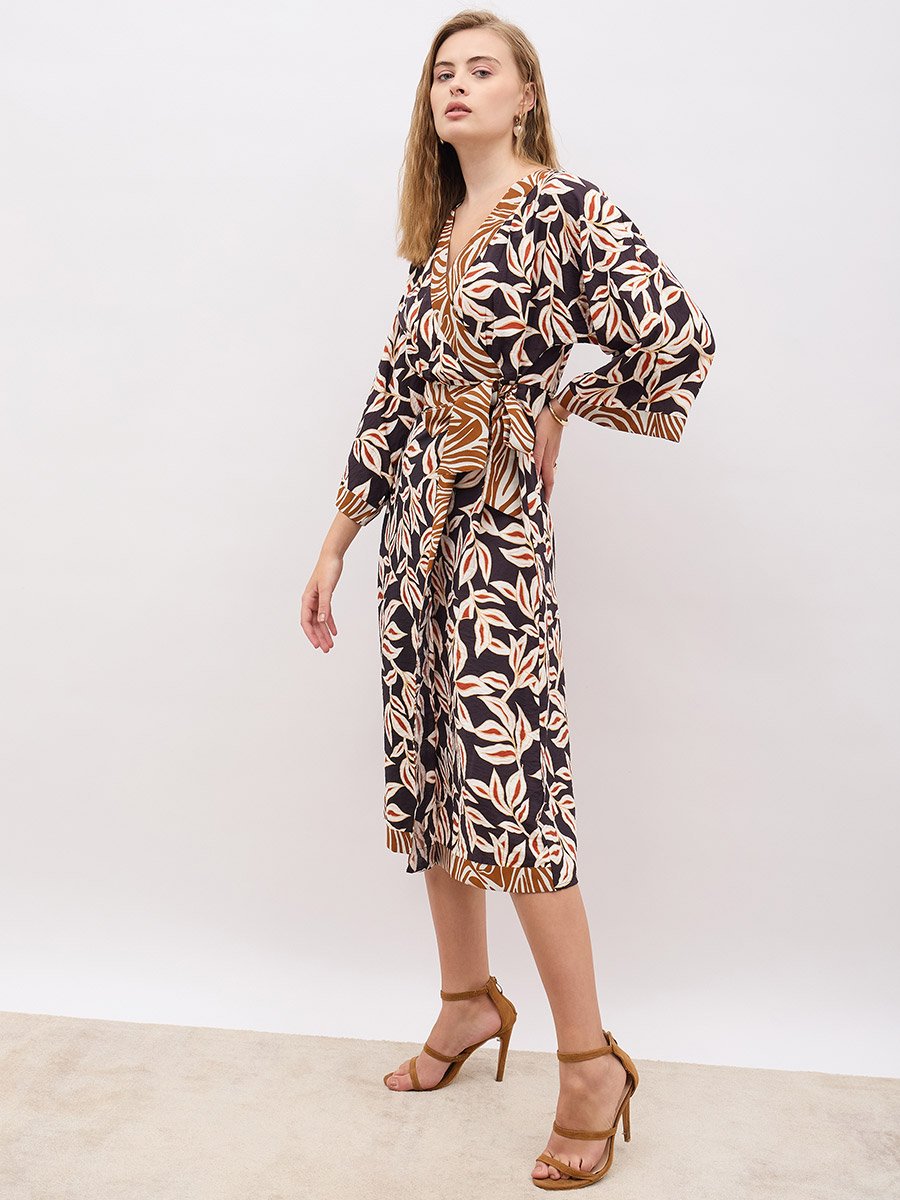 All-Over Print V Neck Wrap Midi Dress