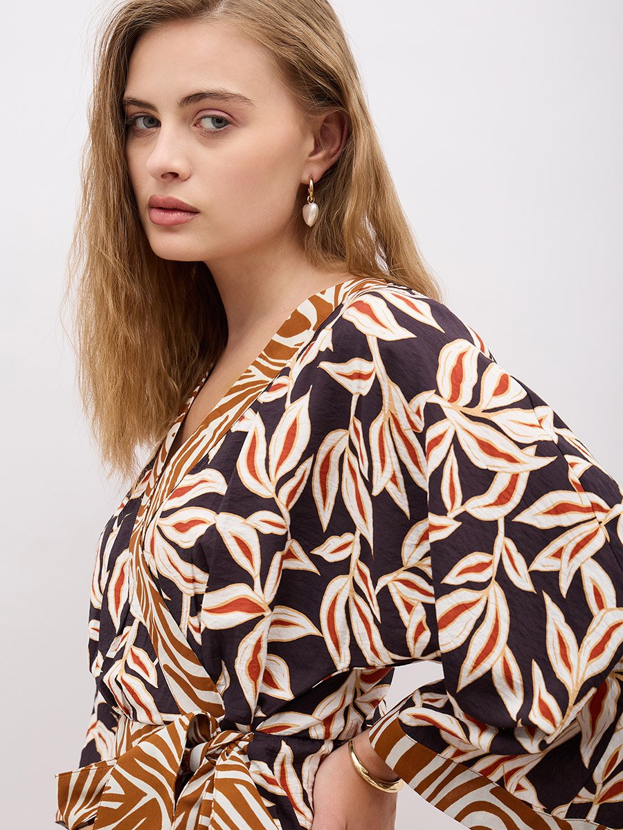 All-Over Print V Neck Wrap Midi Dress