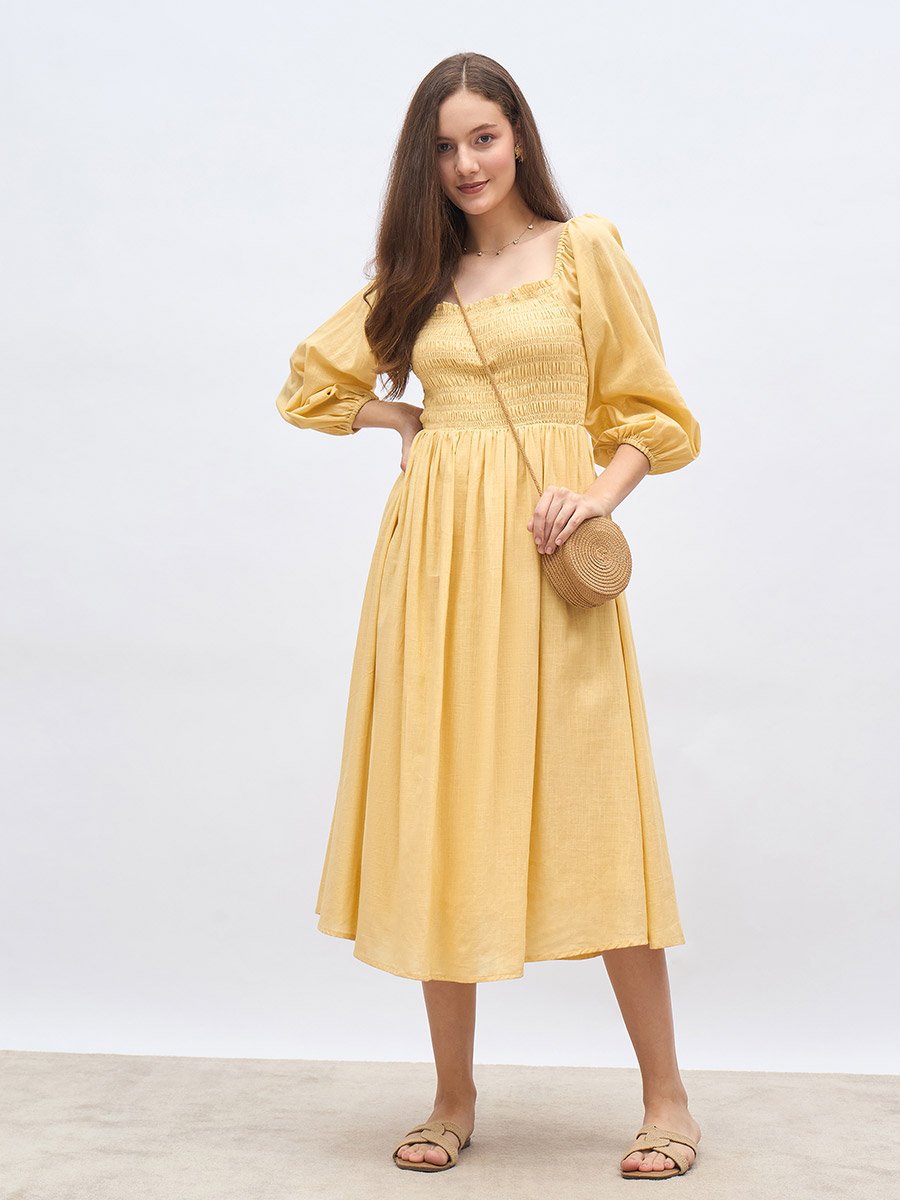 Women Yellow Smocked Midi Dress
