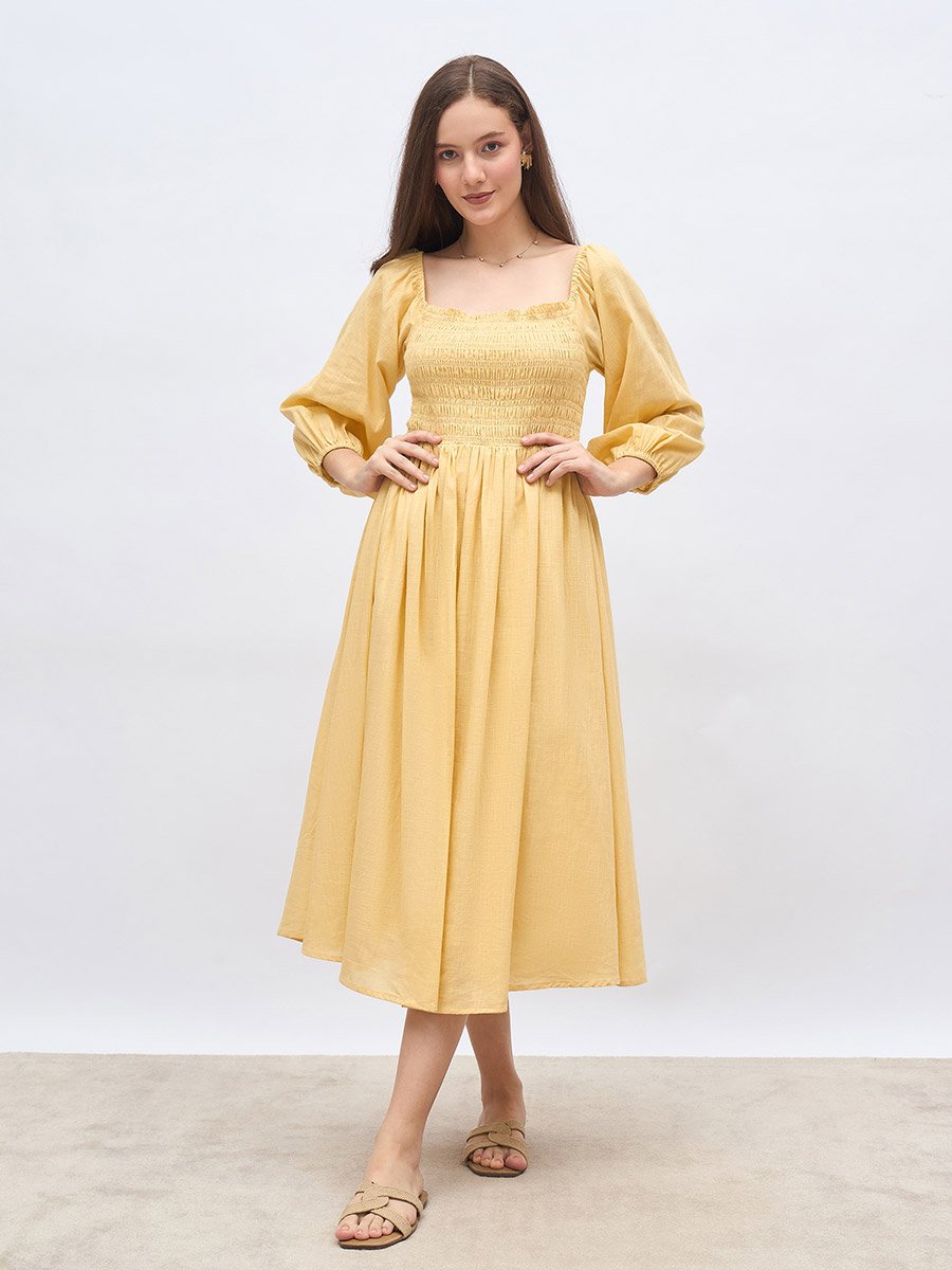 Women Yellow Smocked Midi Dress