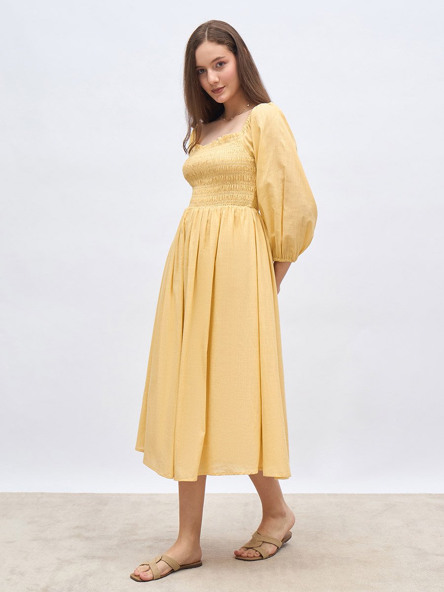 Women Yellow Smocked Midi Dress