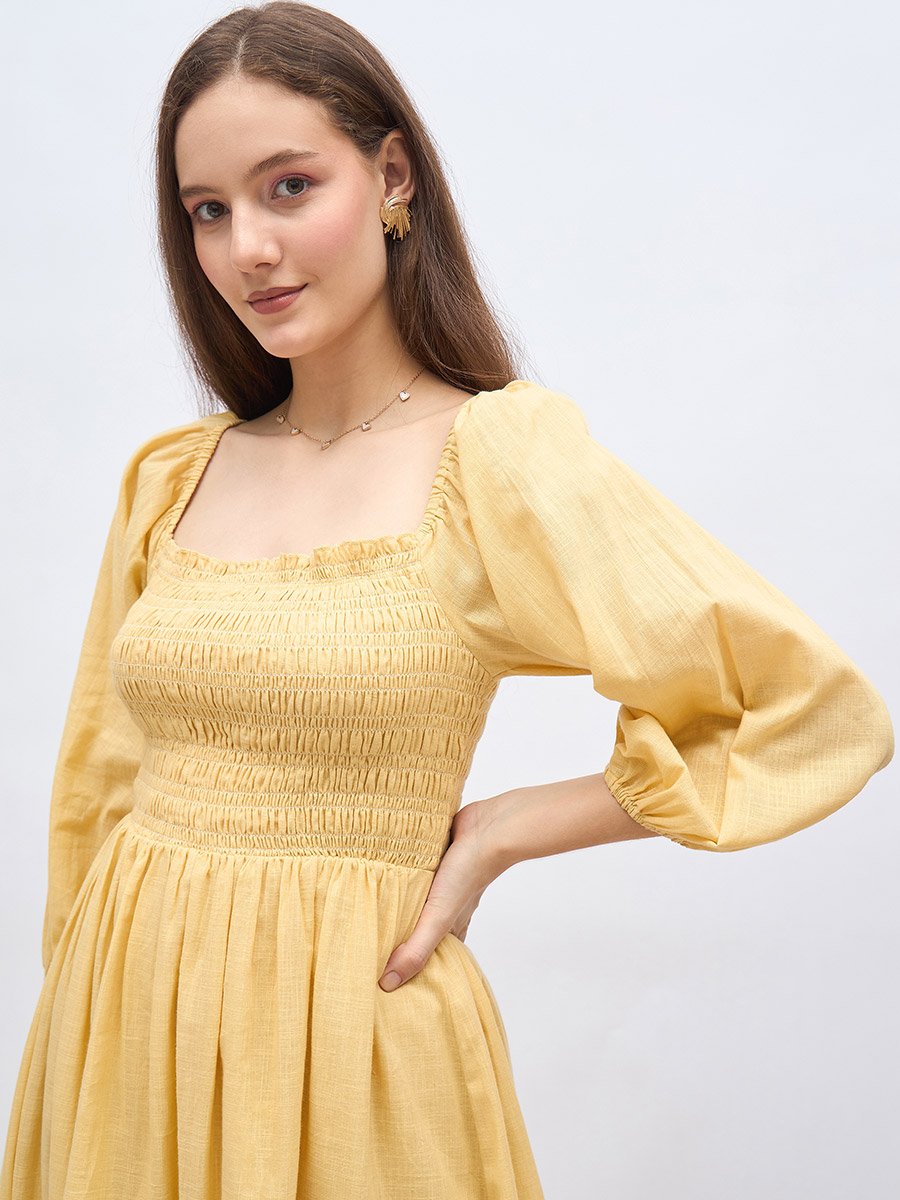 Women Yellow Smocked Midi Dress