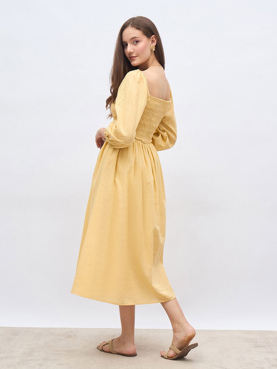 Women Yellow Smocked Midi Dress