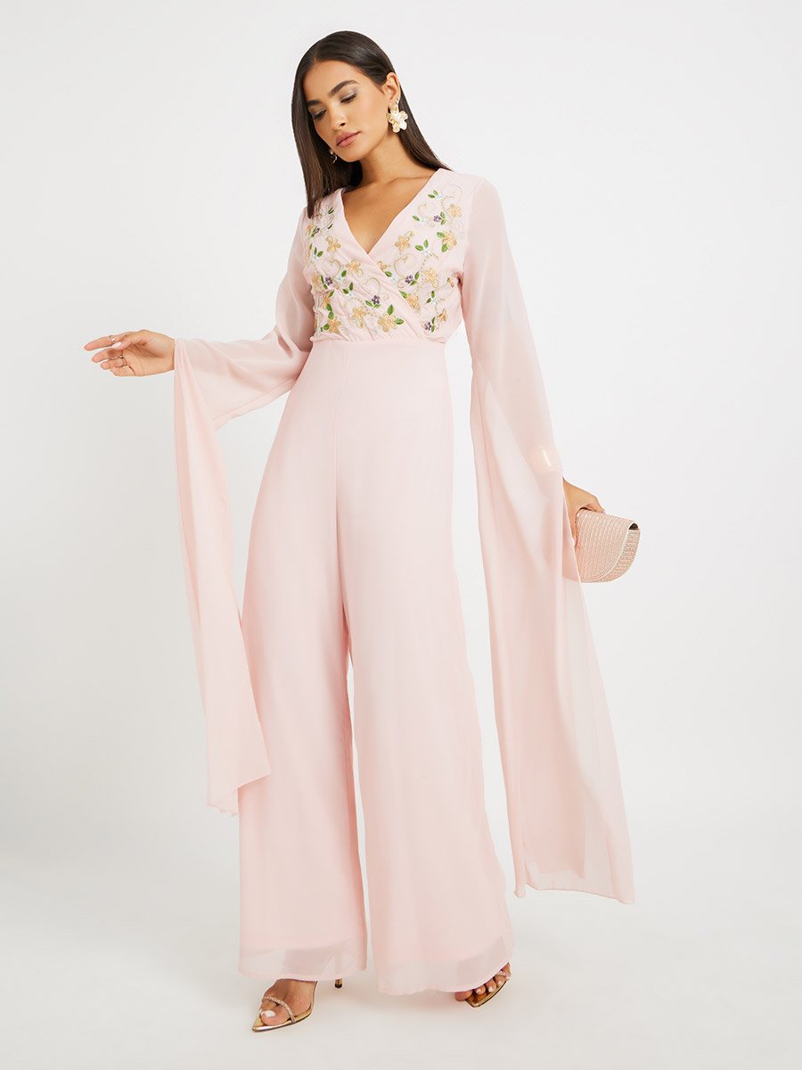 Embroidered Cape Sleeves Wide Leg Jumpsuit