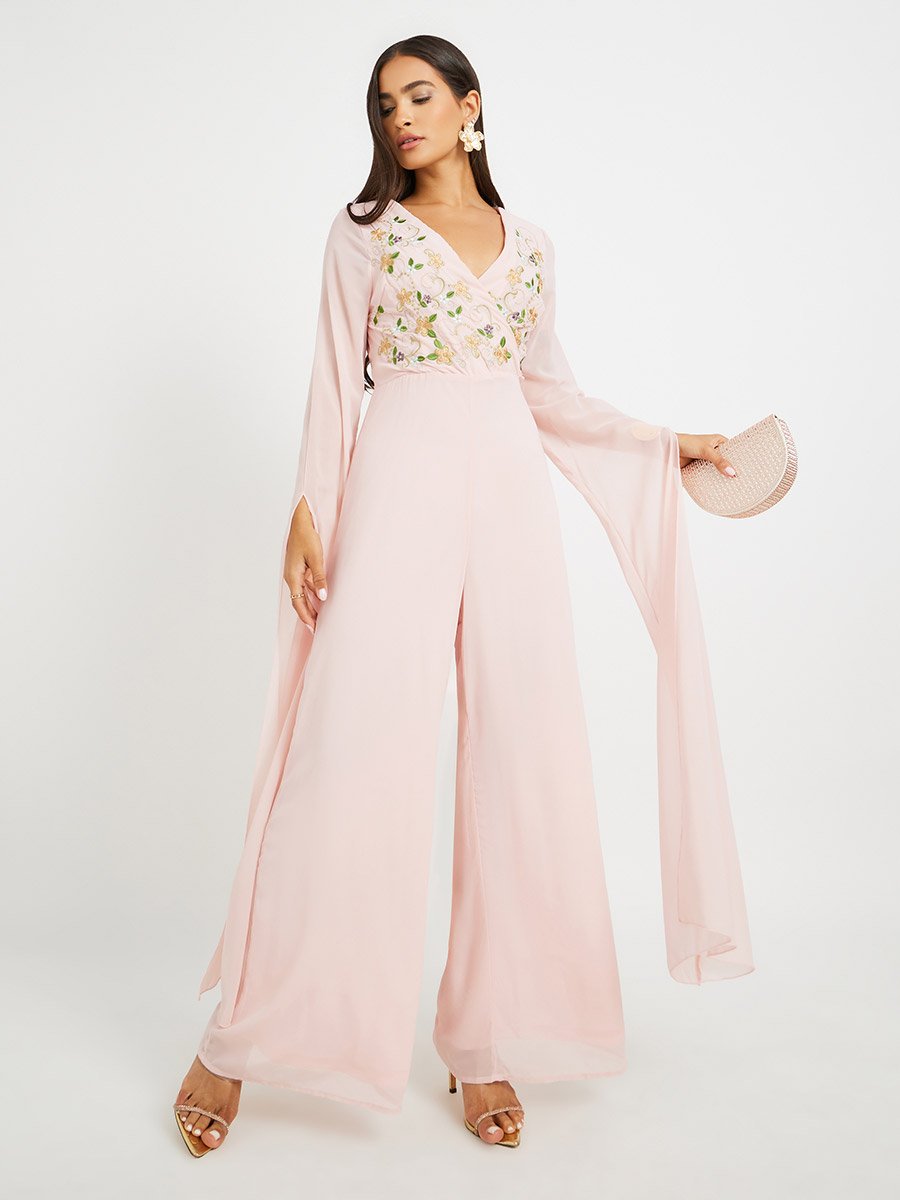 Embroidered Cape Sleeves Wide Leg Jumpsuit