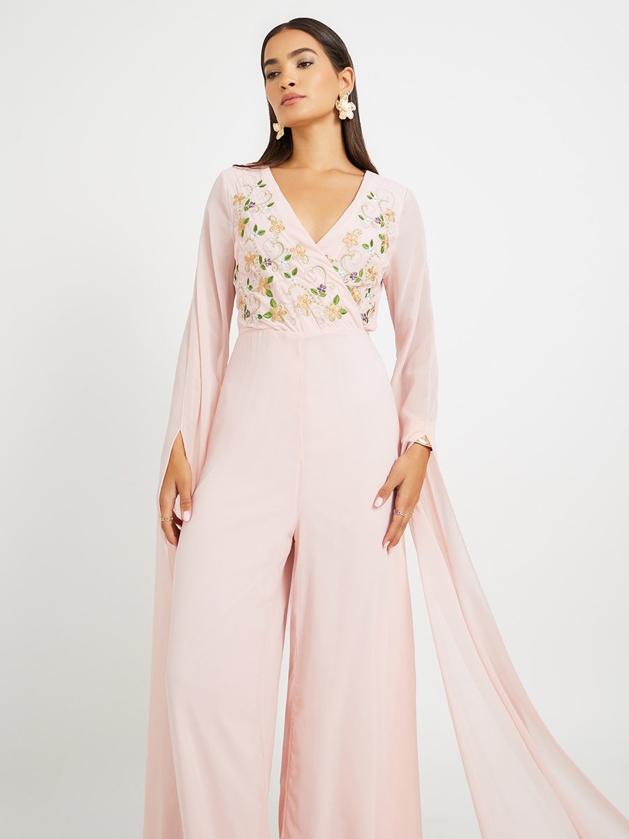 Embroidered Cape Sleeves Wide Leg Jumpsuit