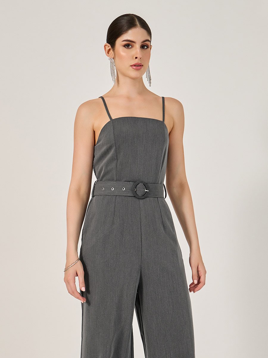 Solid Belted Sleeveless Jumpsuit