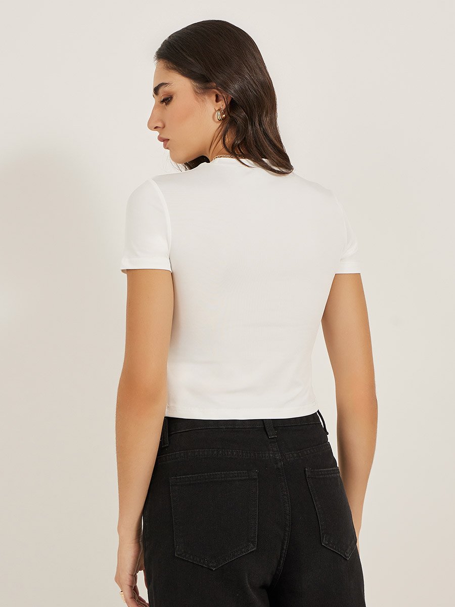 Graphic Print Round Neck Fitted Crop T-Shirt