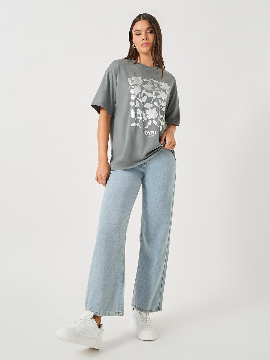 Floral Foil Graphic Oversized Round Neck T-Shirt