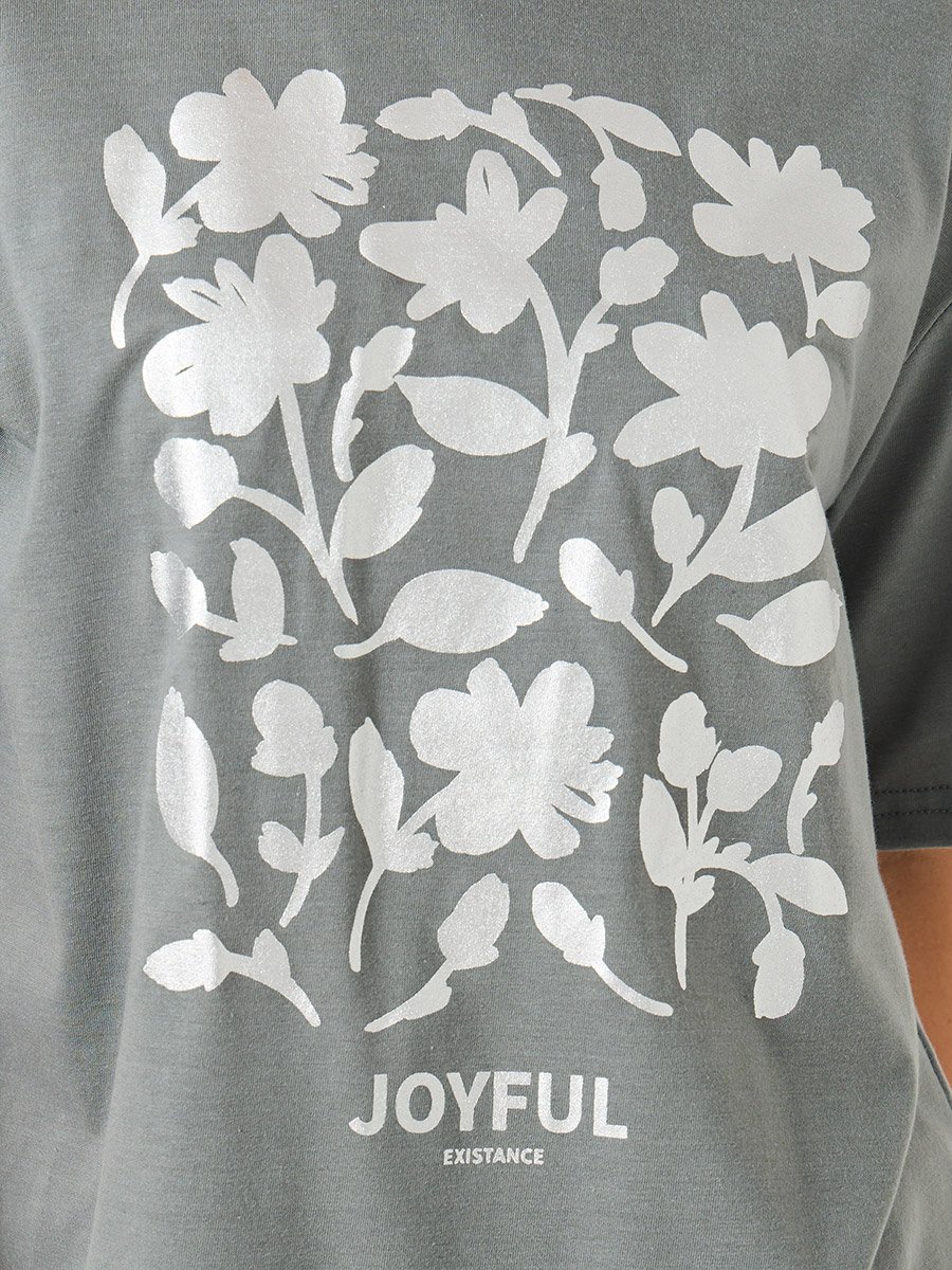 Floral Foil Graphic Oversized Round Neck T-Shirt