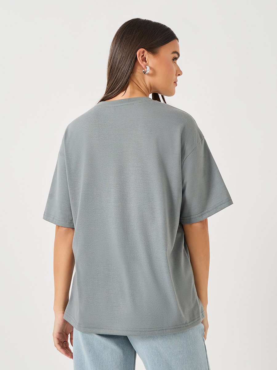 Floral Foil Graphic Oversized Round Neck T-Shirt