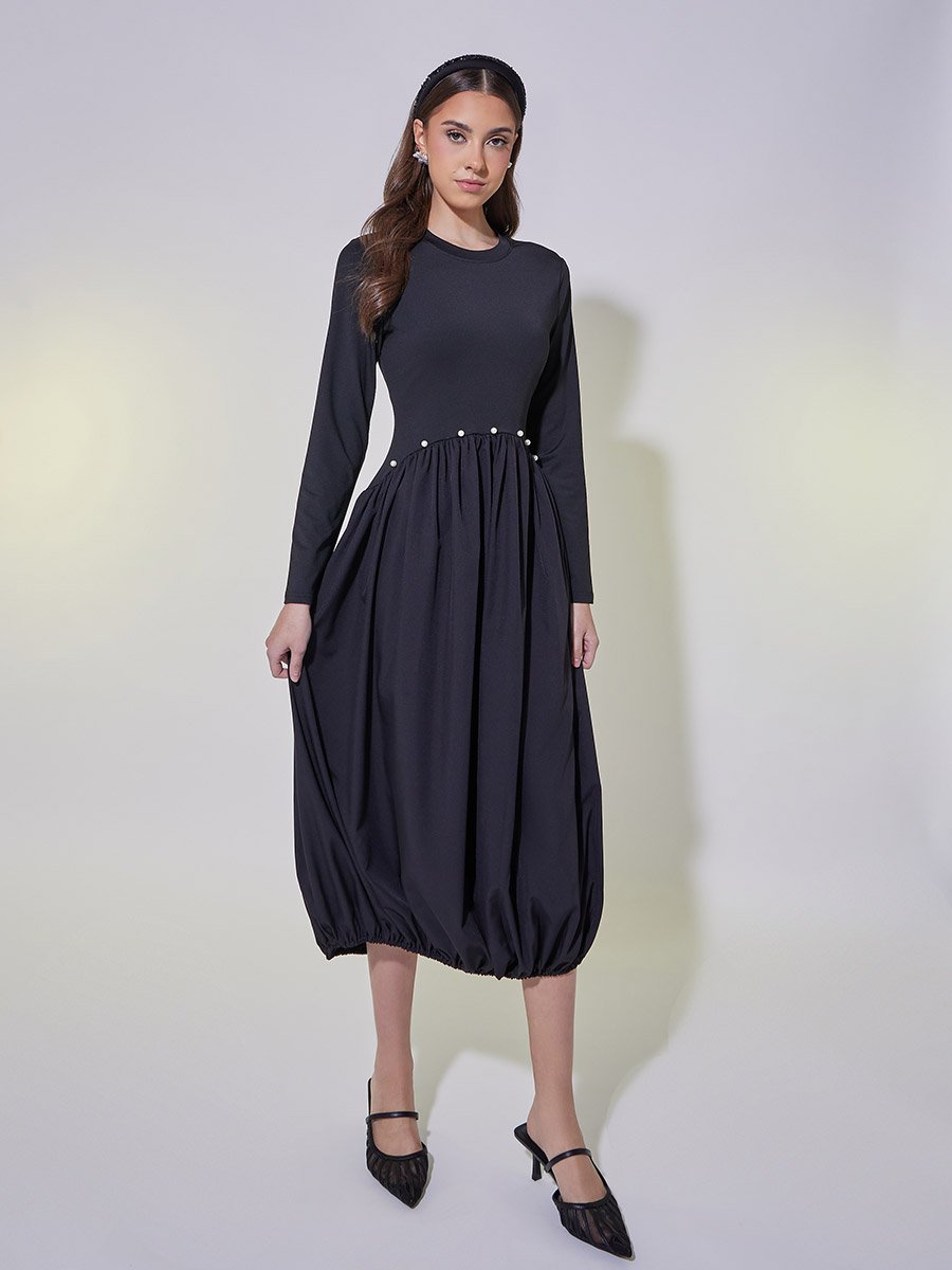 Faux Pearl Detail Elasticated Hem A-Line Midi Dress